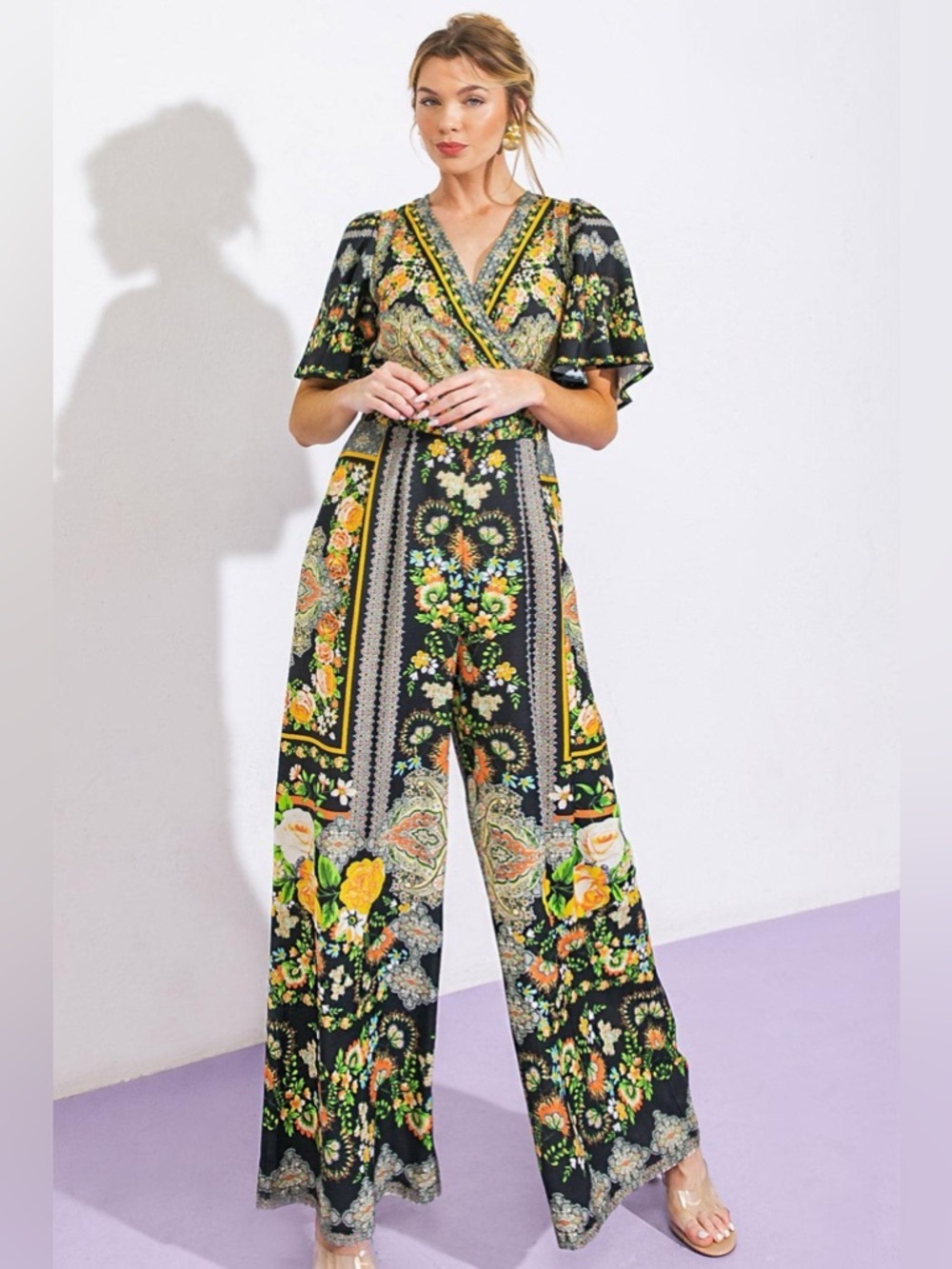 Flying Tomato Black Floral Wrap Jumpsuit with Yellow Accents
